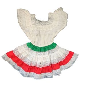 Vintage Senorita Dress Girls Size 2 Mexican Frilly Lacy Red Green White Mexico